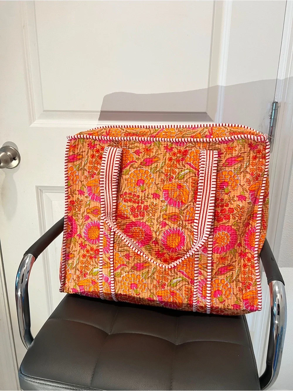 Quilted Floral Tote Bag in Orange & Pink